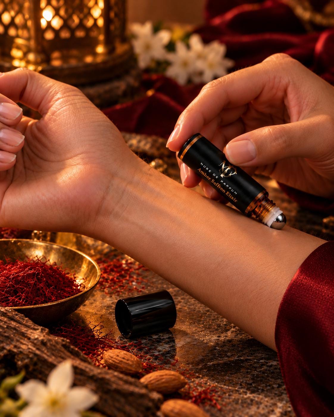 Amber Saffron Elixir roll-on on wrist